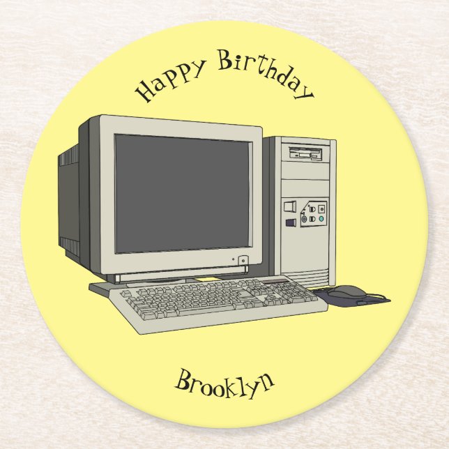 Computer cartoon illustration round paper coaster (Front)