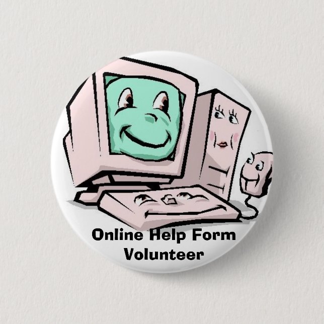 Computer-Cartoon, Online Help Form Volunteer Pinback Button (Front)