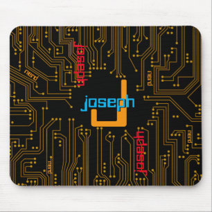 Computer Circuit Board Black Gold Monogram Mouse Pad