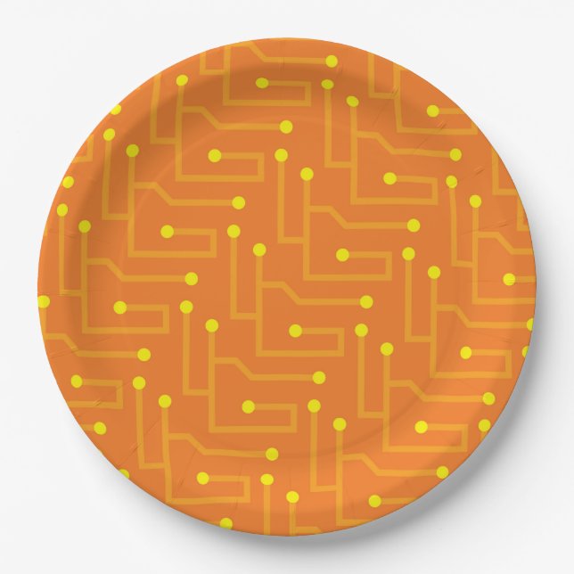 Computer Circuit Board Modern Tech Orange yellow Paper Plates (Front)