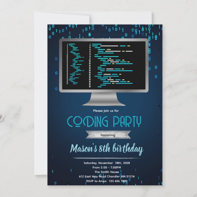 Computer coding birthday party invitation (Front)