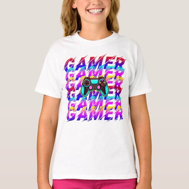 Computer Controller Gamer Typography repeated text T-Shirt (Front)