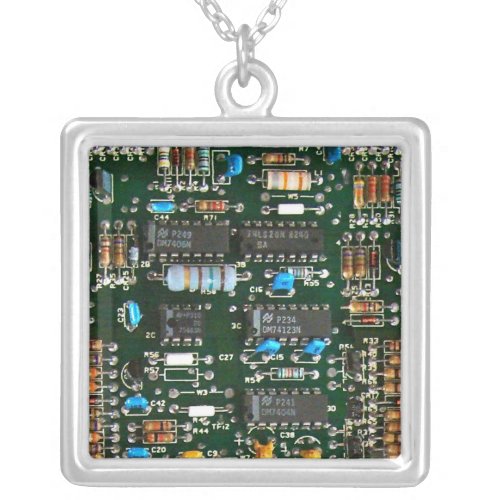Computer Electronics Printed Circuit Board Image Silver Plated Necklace