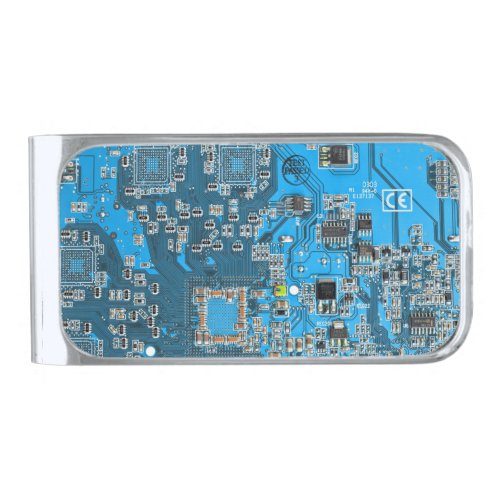 Computer Geek Circuit Board Blue Silver Finish Money Clip