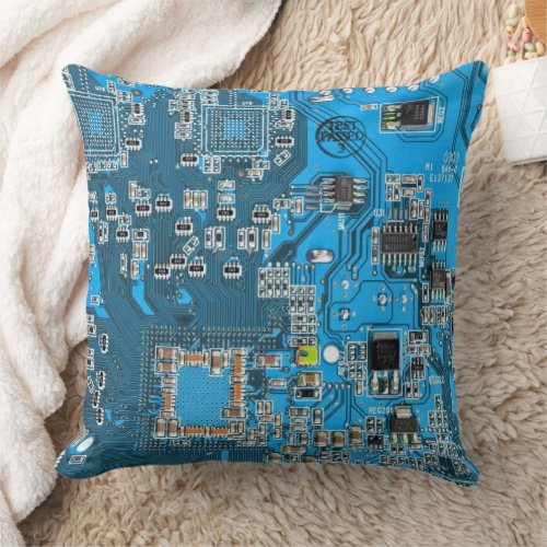 Computer Geek Circuit Board Blue Throw Pillow