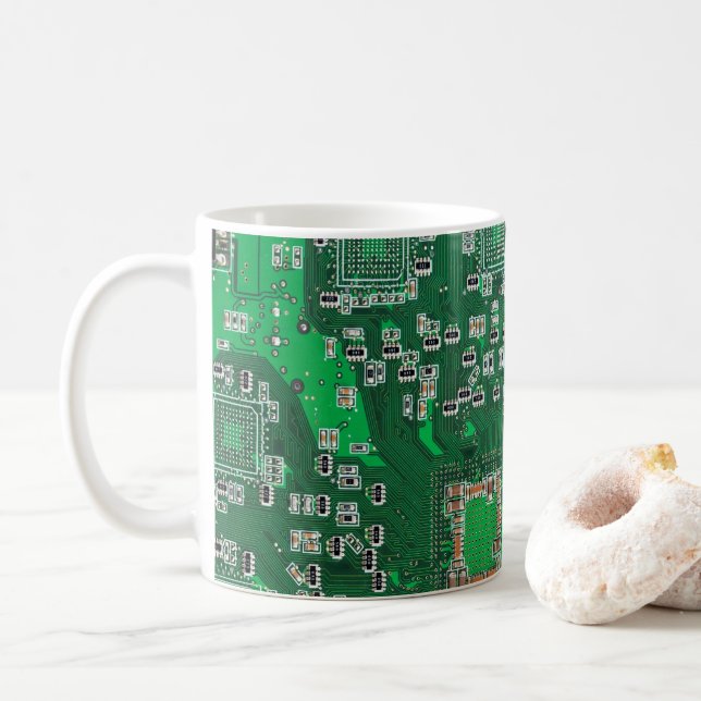 Computer Geek Circuit Board Green Coffee Mug (With Donut)