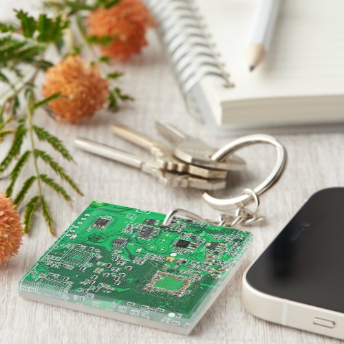 Computer Geek Circuit Board Green Keychain