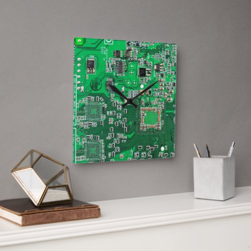 Computer Geek Circuit Board Green Square Wall Clock