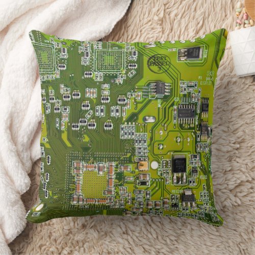 Computer Geek Circuit Board Light Green Throw Pillow