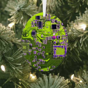 Computer Geek Circuit Board Neon Yellow Metal Ornament
