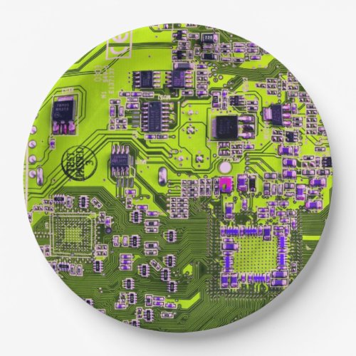Computer Geek Circuit Board Neon Yellow Paper Plates