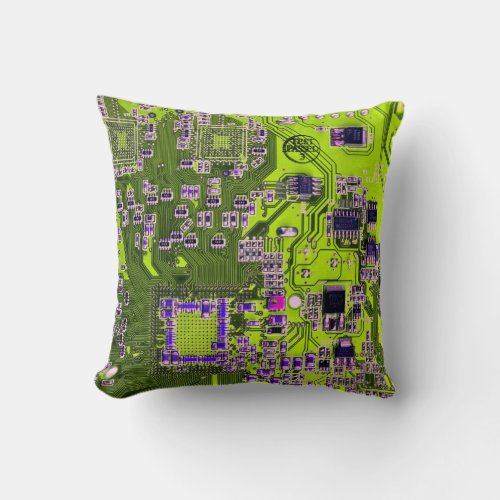 Computer Geek Circuit Board Neon Yellow Throw Pillow