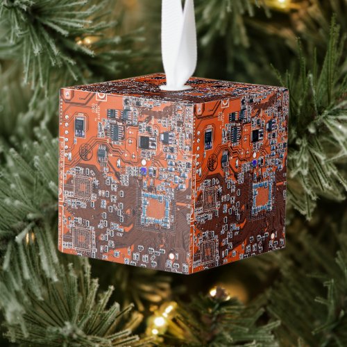 Computer Geek Circuit Board Orange Cube Ornament