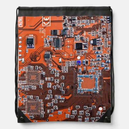 Computer Geek Circuit Board Orange Drawstring Bag