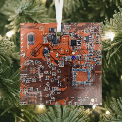 Computer Geek Circuit Board Orange Glass Ornament
