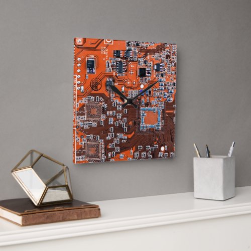 Computer Geek Circuit Board Orange Square Wall Clock