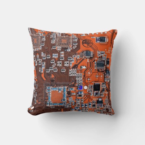 Computer Geek Circuit Board Orange Throw Pillow