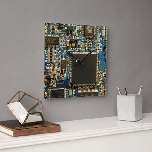Computer Hard Drive Circuit Board _ Blue Square Wall Clock