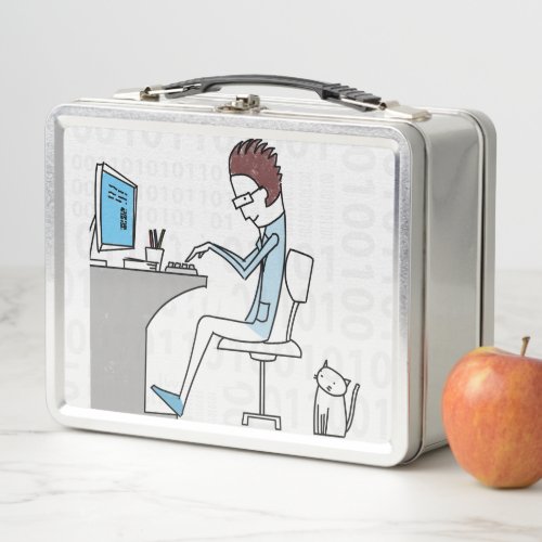 Computer Nerd with Cat Cartoon in Blue and White Metal Lunch Box