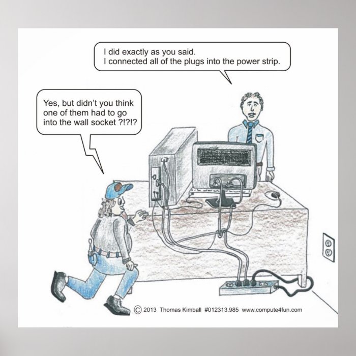 Computer power cord issues cartoon poster