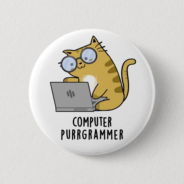 Computer Purr-grammer Funny Cat Pun  Button (Front)