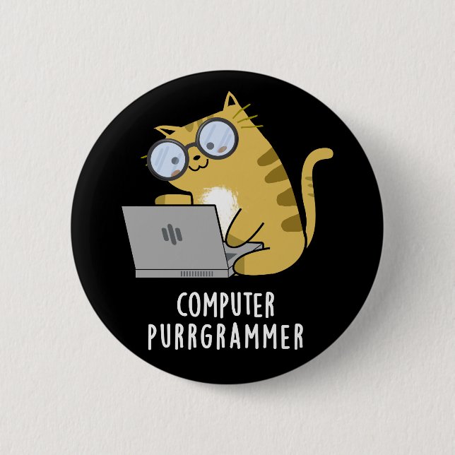 Computer Purr-grammer Funny Cat Pun Dark BG Button (Front)
