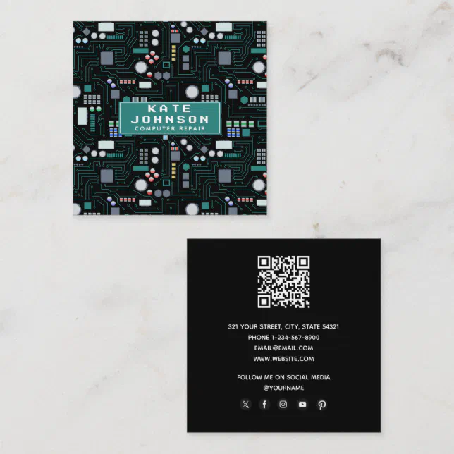 Computer Repair Circuit Board QR Code Square Business Card | Zazzle