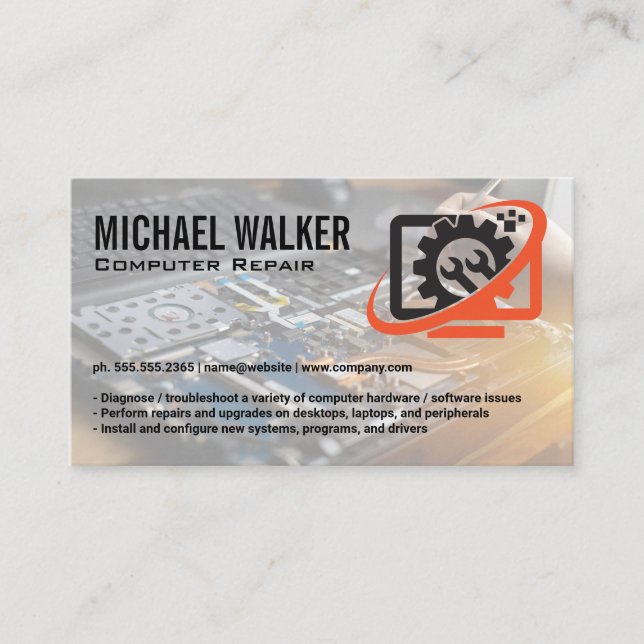 Computer Tech Repair Logo | Technician Working Business Card (Front)