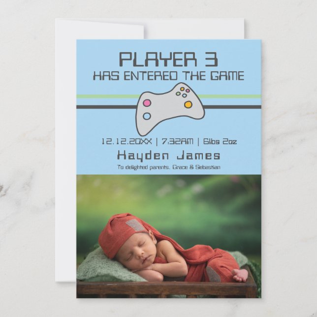 Computer Video Game Player Has Entered New Baby Invitation (Front)