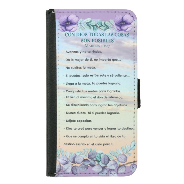  Con Dios Todo Posible Marcos 10:27 Azul Lila Samsung Galaxy Wallet Case (Front)