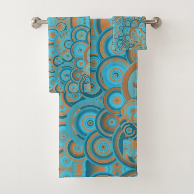 Concentric Circle Gradient Orange Rust Turquoise Bath Towel Set (Insitu)
