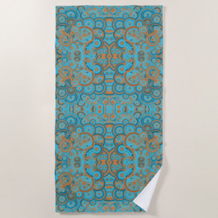 Concentric Circle Gradient Orange Rust Turquoise Beach Towel