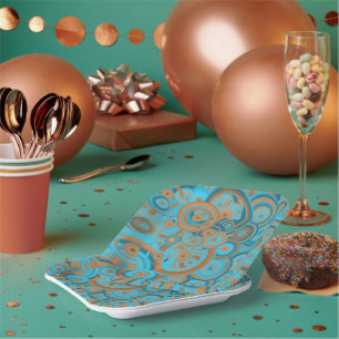 Concentric Circle Gradient Orange Rust Turquoise Paper Plates