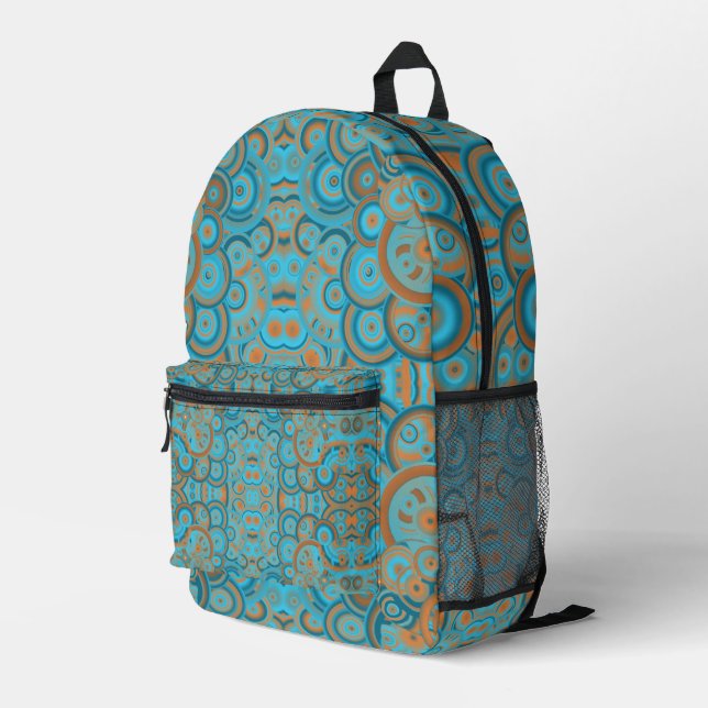 Concentric Circle Gradient Orange Rust Turquoise Printed Backpack (Back Corner Right)