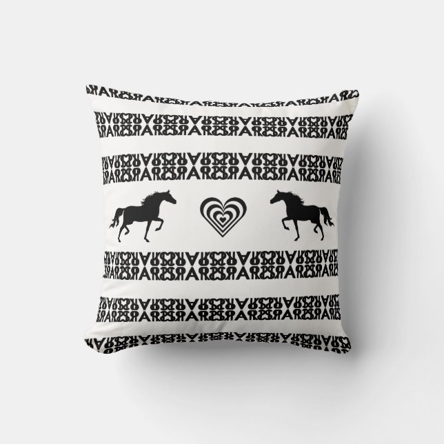 Concentric heart & horses on black & white pattern throw pillow (Front)