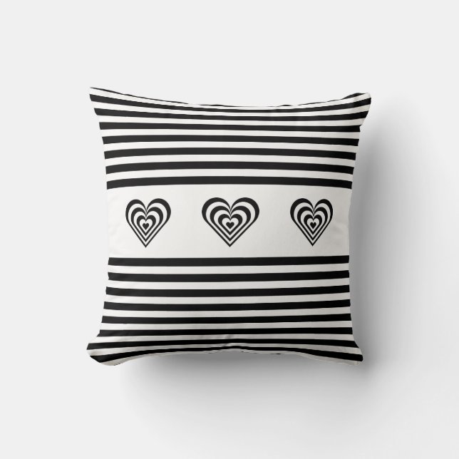Concentric hearts on black & white striped throw pillow (Front)