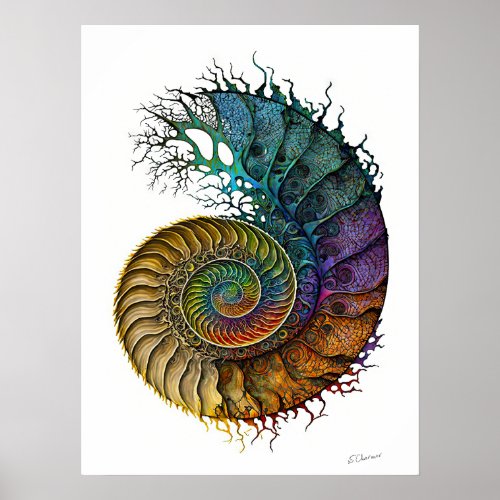 Concept Ammonite Fossil in vibrant Ink Colors Poster