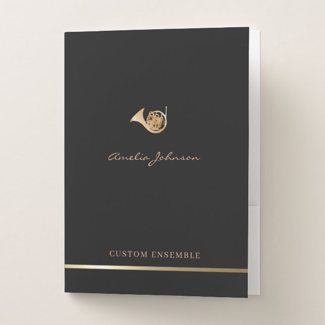 Concert Music Ensemble French Horn Elegant Black Pocket Folder (Front)