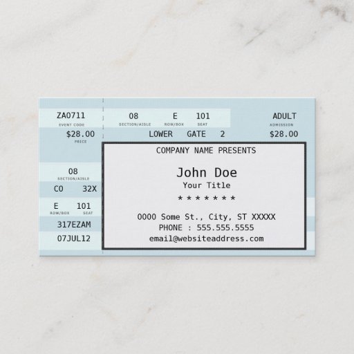 Customizable concert ticket business cards