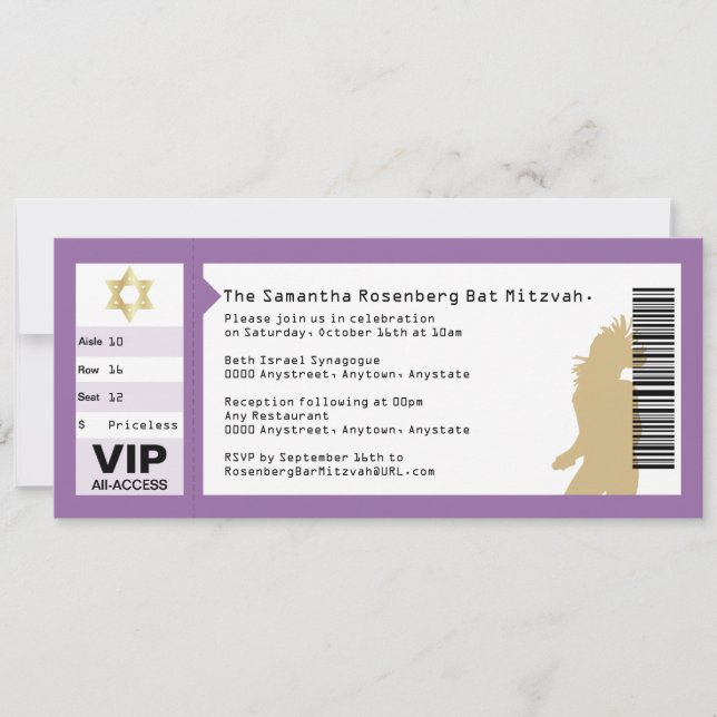 Concert Ticket Bat Mitzvah Invitation in Purple (Front)
