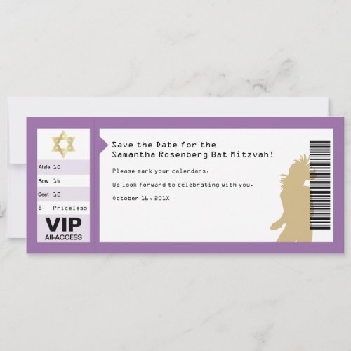 Concert Ticket Bat Mitzvah Save the Date in Purple