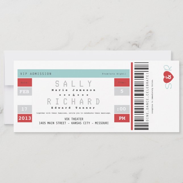 Concert Ticket Invitation in Red and Aqua (Front)