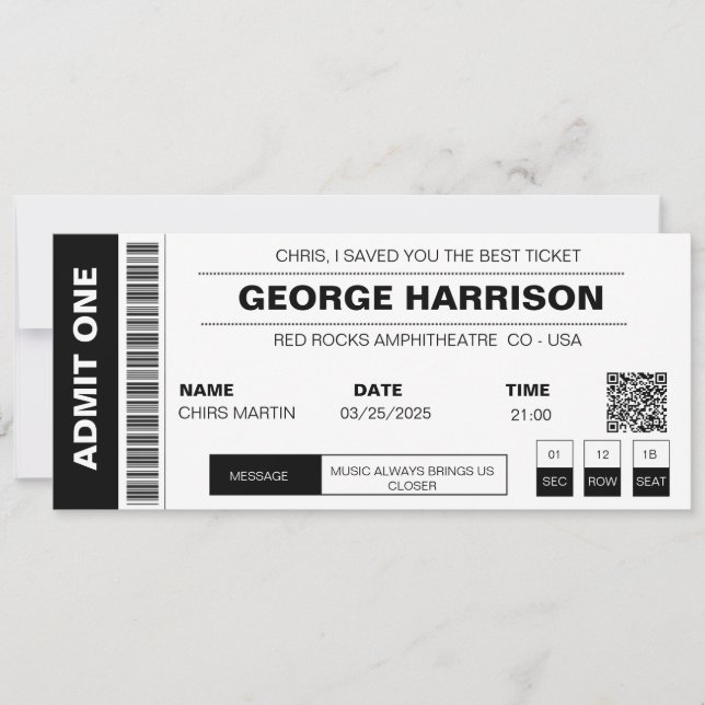 Concert Ticket QR Code Minimalist Black And White Invitation (Front)