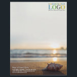 Conch on Beach at Sunrise Funeral Your Logo Letterhead<br><div class="desc">Ocean-themed letterhead for a funeral home with your logo in the top right corner, and the name of your business along with your address and contact info in the bottom left corner. A soothing letterhead with a conch lying on a calm beach at sunrise with ocean waves gently lapping the...</div>