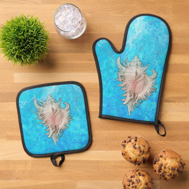 Conch Shell "Beach Life" Oven Mitt & Pot Holder Set (Top Down)