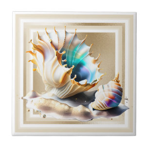 Conch shell iridescent 3D gold shimmer glam Ceramic Tile