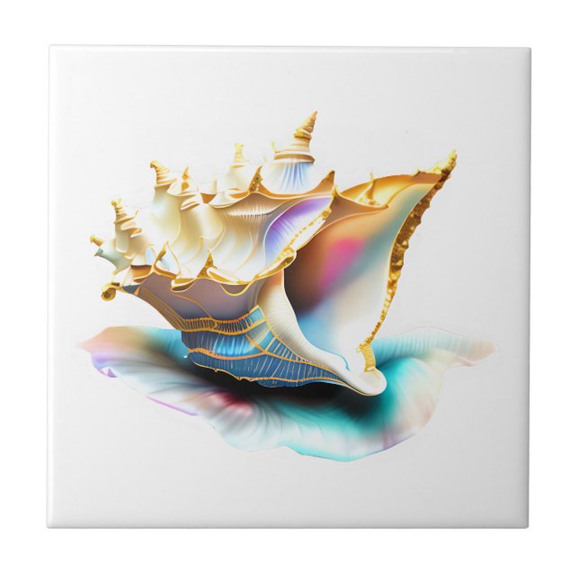 Conch shell iridescent mother pearl beach sea ceramic tile (Front)