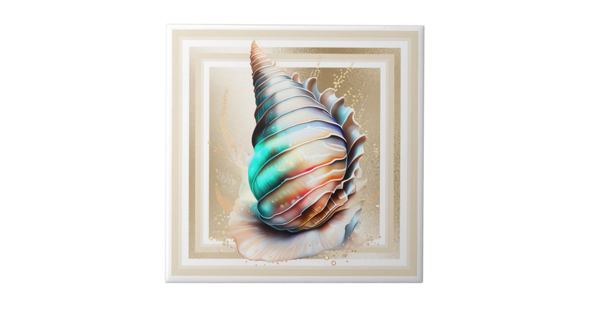 Conch shell iridescent mother pearl gold shimmer ceramic tile | Zazzle