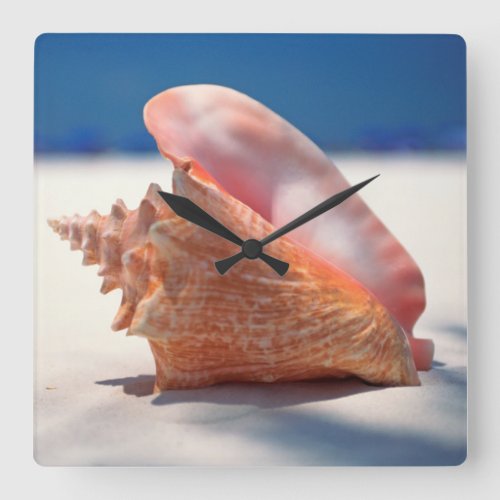 Conch Shell On Beach 2 Square Wall Clock
