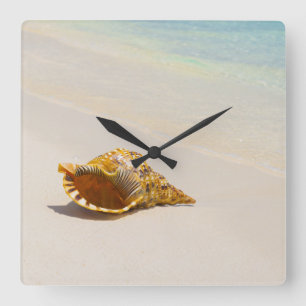 Conch Shell On Beach 3 Square Wall Clock